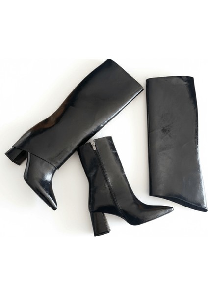 Strada Siyah Rugan Tak-Çıkar Konçlu (8 cm Topuk Boyu ) Günlük Kullanım Bot ve Çizme