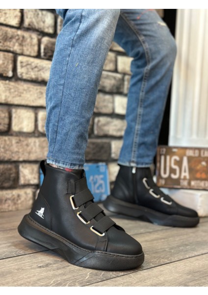 ET0142 Bantlı Erkek Yüksek Taban Siyah Tabanlı Spor Bot