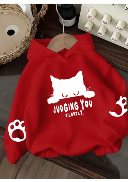 Özel Tasarım Kapüşonlu Judging You Kedi Baskılı %100 Pamuk Oversize Kız Çocuk Sweatshırt