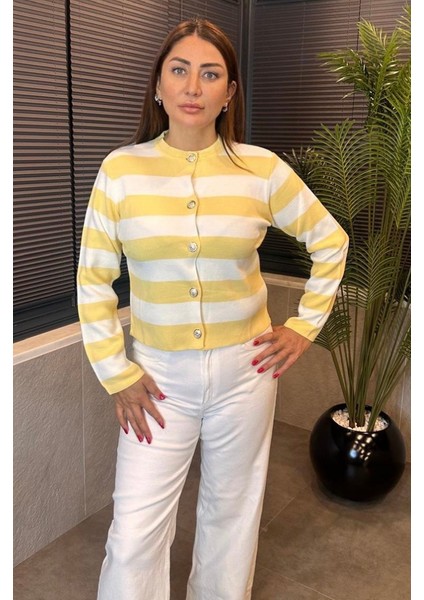 Çizgi Detaylı Gümüş Düğmeli Sarı Hırka