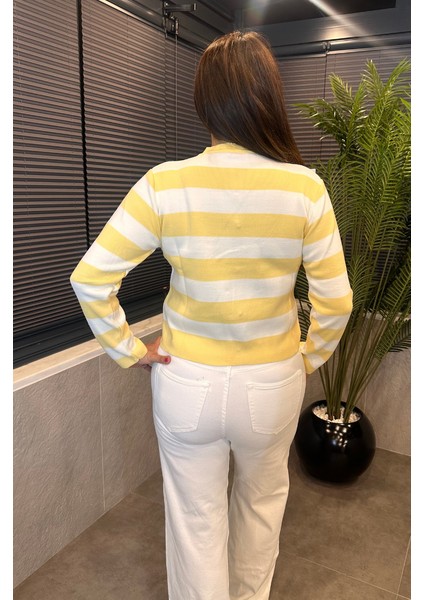 Çizgi Detaylı Gümüş Düğmeli Sarı Hırka modelleri