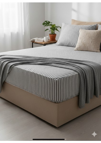 Pamuk Saten Tek Kişilik Çizgili Lastikli Çarşaf Yastık Kılıf Takımı