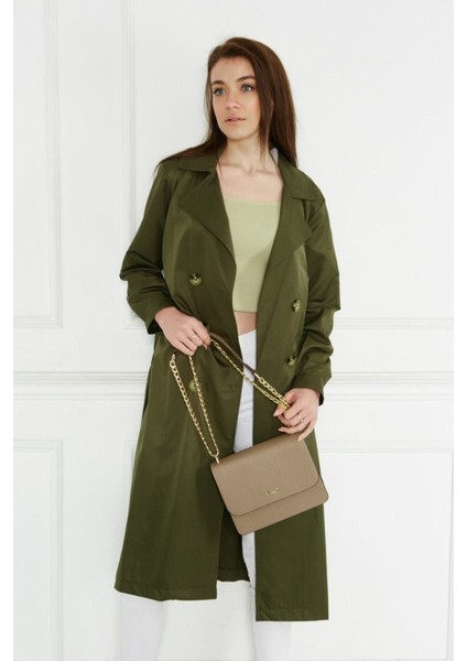 Kadın Yazlık Trençkot Düğmeli Kruvaze Yaka %100 Polyester Uzun Kol