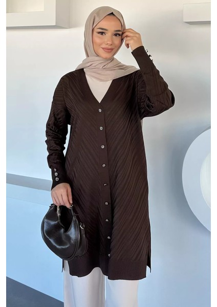 Desenli Ön Düğmeli Tesettür Triko Hırka (M-L-Xl Uyumludur) P-00018882