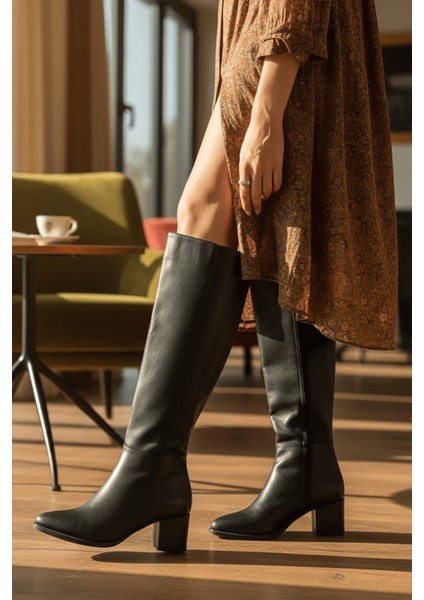 Despina Siyah Deri Topuklu (5 cm Topuklu ) Yanı Fermuarlı Günlük Kullanım Çizme fırsatları