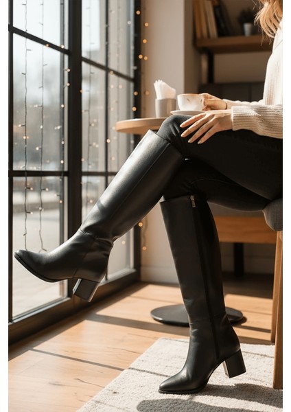 Despina Siyah Deri Topuklu (5 cm Topuklu ) Yanı Fermuarlı Günlük Kullanım Çizme indirimleri