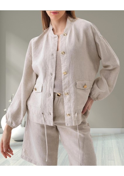 Minervaxint Kadın Oversize Hakim Yaka Kapaklı Cepli Beli Bağcıklı Düğme Kapamalı Naturel Ceket