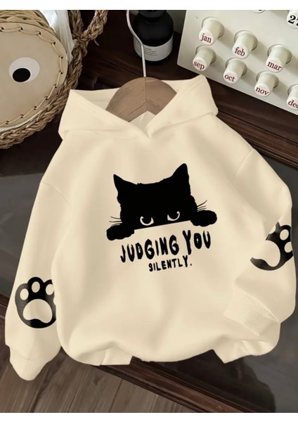 Özel Tasarım Kapüşonlu Judging You Kedi Baskılı %100 Pamuk Oversize Kız Çocuk Sweatshırt