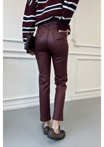 Kaplamalı Boyfit Jean- Bordo