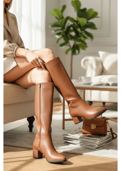 Despina Taba Deri Topuklu (5 cm Topuklu ) Yanı Fermuarlı Günlük Kullanım Çizme