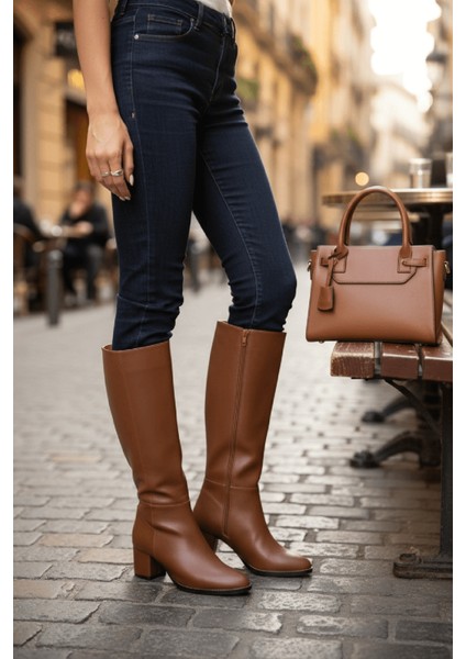 Despina Taba Deri Topuklu (5 cm Topuklu ) Yanı Fermuarlı Günlük Kullanım Çizme indirimleri