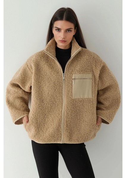 Kadın Cep Detaylı Kalın Yumuşak Peluş Mont Açık Gri