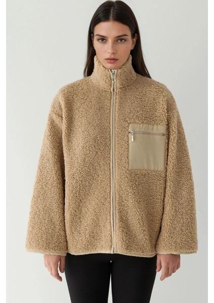 Kadın Cep Detaylı Kalın Yumuşak Peluş Mont Açık Gri indirimleri