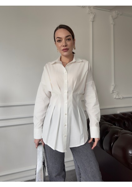 Marka Model Pileli Premium Gömlek- Ekru