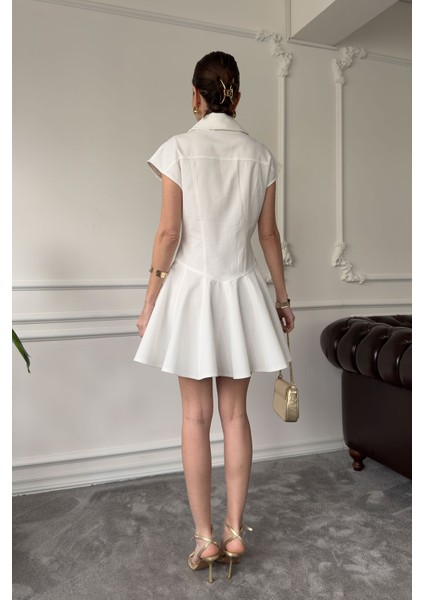 Gold Düğme Detaylı Mini Elbise- Ekru