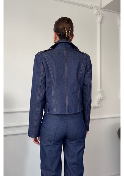 Fermuar Detay Tasarım Denim Ceket- Mavi