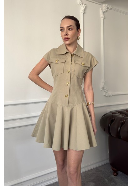 Gold Düğme Detaylı Mini Elbise- Mint indirimleri
