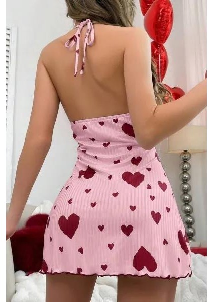 Kadın Pembe Kırmızı Kalp Desenli Askılı Sırt Dekolteli Elbise 5064 fırsatları