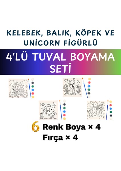 4’lü Çocuk Tuval Boyama Anaokulu Sınıf Seti – 15X15 cm Baskılı Tuval, 6 Renk Akrilik Boya, Fırça