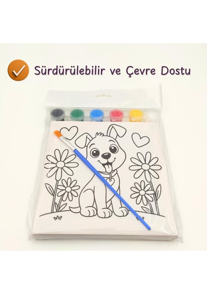 4’lü Çocuk Tuval Boyama Anaokulu Sınıf Seti – 15X15 cm Baskılı Tuval, 6 Renk Akrilik Boya, Fırça indirimleri