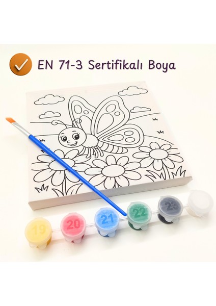 4’lü Çocuk Tuval Boyama Anaokulu Sınıf Seti – 15X15 cm Baskılı Tuval, 6 Renk Akrilik Boya, Fırça