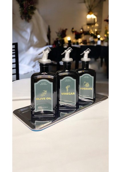 Çelik Stantlı Amber Zeytinyağı Sıvıyağ Sirke Şişesi Yağdanlık Vintage Retro 3lü Set
