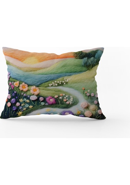 Çift Taraflı Dijital Baskı Kırlent Kılıfı Keçe Işi Görünümlü Çiçek Desenli