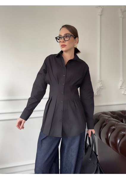 Marka Model Pileli Premium Gömlek- Siyah