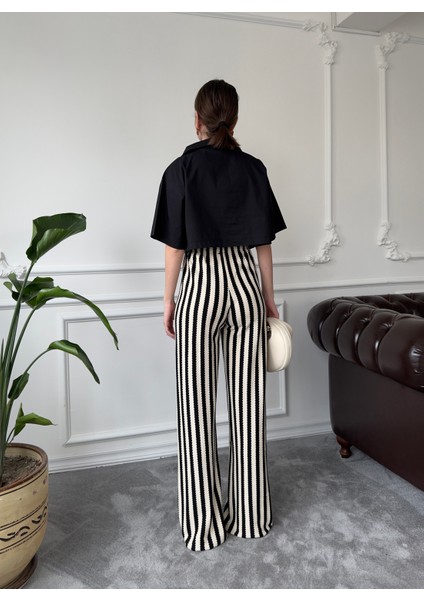 Çizgili Triko Pantolon- Siyah