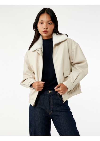 Suni Kürk Yaka Rahat Kalıp Fermuarlı Cep Detaylı Bomber Ceket