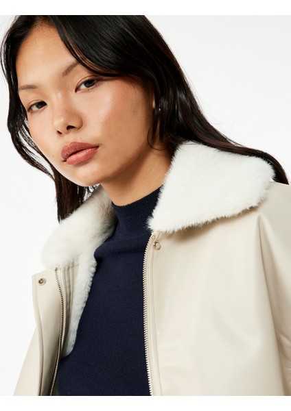 Suni Kürk Yaka Rahat Kalıp Fermuarlı Cep Detaylı Bomber Ceket fiyatları