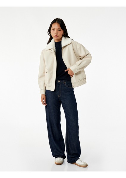 Suni Kürk Yaka Rahat Kalıp Fermuarlı Cep Detaylı Bomber Ceket modelleri