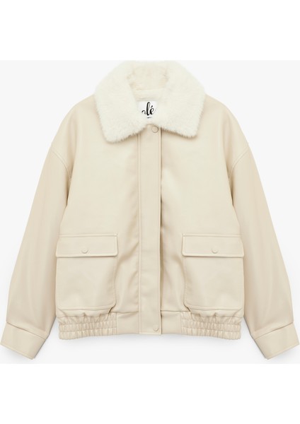 Suni Kürk Yaka Rahat Kalıp Fermuarlı Cep Detaylı Bomber Ceket fırsatları