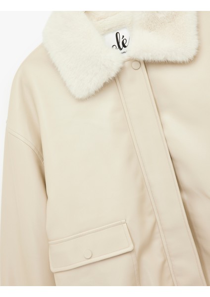 Suni Kürk Yaka Rahat Kalıp Fermuarlı Cep Detaylı Bomber Ceket