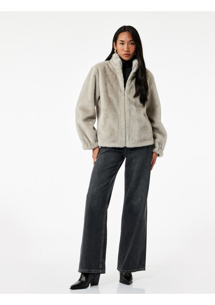 x Sima Tarkan - Suni Süet Astarlı Dik Yaka Uzun Kollu Crop Fermuarlı Peluş Mont fiyatları