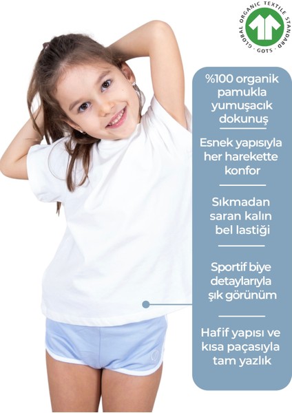 Organik Spor Kesim Mavi Yazlık Kız Çocuk Şort