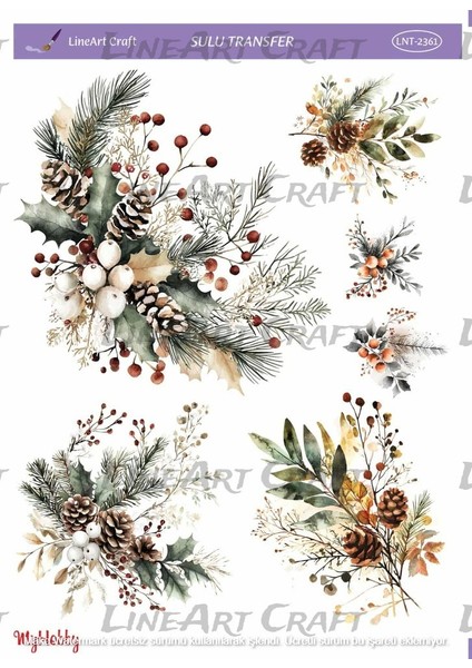 ST2361 Yeniyıl Serisi, Kokina, Kozalak Desenli Açık Zemin Sulu Transfer 25*35 cm