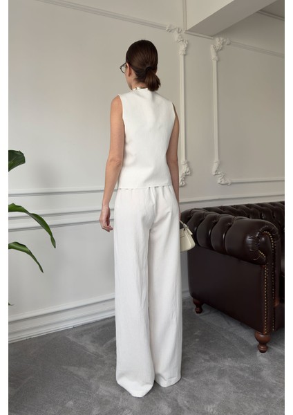 Yelekli Çizgili Tasarım Takım- Beyaz