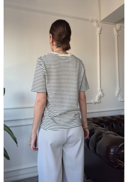 Marka Model Çizgili Kısa Kol Tshirt- Lacivert