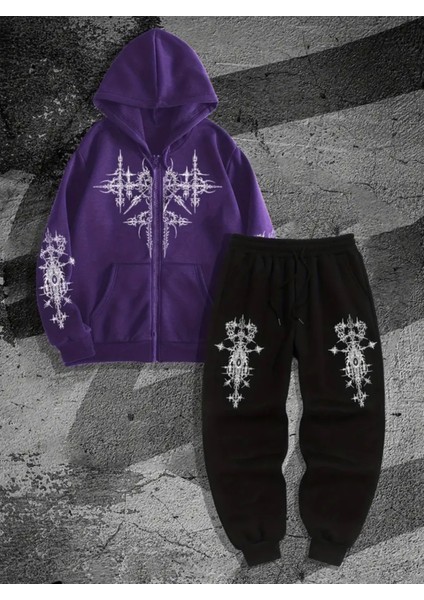 Büyük Beden Özel Tasarım Kapüşonlu Tam Fermuarlı Tribal Dikenler Baskılı Gothic Modası Erkek Kışlık Eşofman Takımı