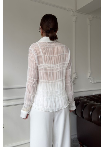 Şifon Gipeli Tasarım Gömlek- Beyaz