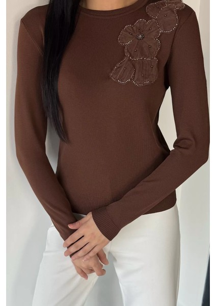 Kadın Bisiklet Yaka Çiçek Figürlü Triko Bluz P-00018056