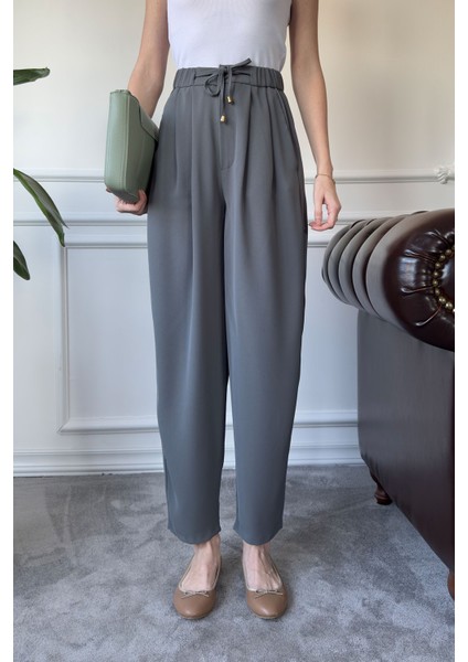 Beli Lastikli Bağlama Detay Pantolon- Füme