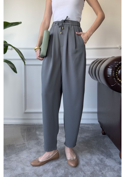 Beli Lastikli Bağlama Detay Pantolon- Füme