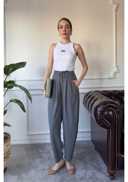 Beli Lastikli Bağlama Detay Pantolon- Füme