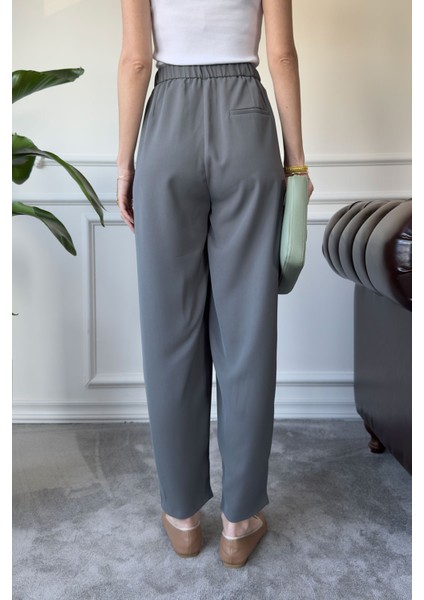 Beli Lastikli Bağlama Detay Pantolon- Füme
