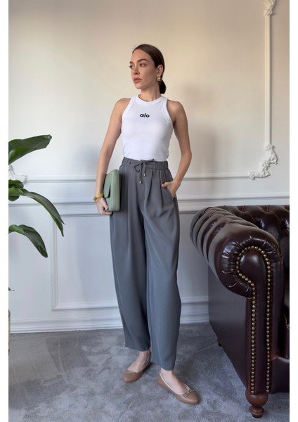 Beli Lastikli Bağlama Detay Pantolon- Füme