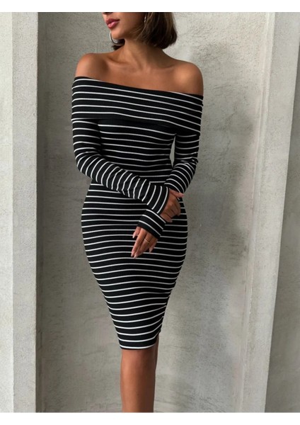 Madonna Çizgili Şardonlu Uzun Kol Elbise