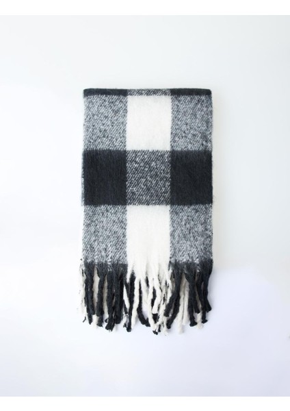 Siyah Kare Desenl Püsküllü Atkı