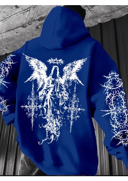 Büyük Beden Özel Tasarım Kapüşonlu Gothıc Dikenler Sırt Baskılı Hip Hop Erkek Sweatshırt